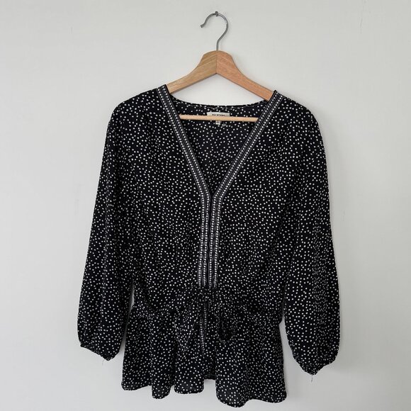 MAX STUDIO Women's XL Black With White Dots V-Neck Tie-Waist Blouse - Picture 1 of 15